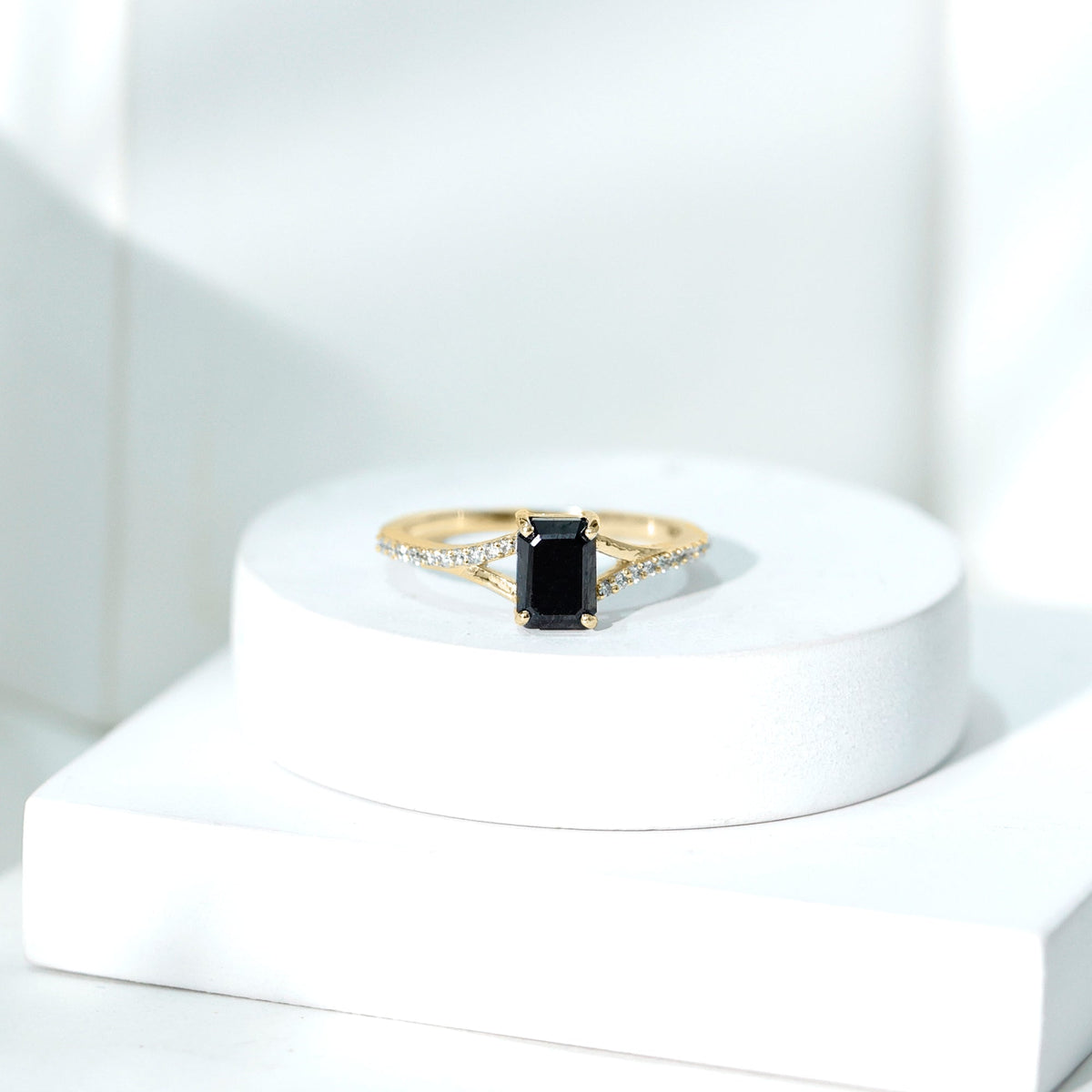 Certified 1.6 Carat Lab Grown Black Diamond Emerald Cut Engagement Ring with White Diamond Split Shank