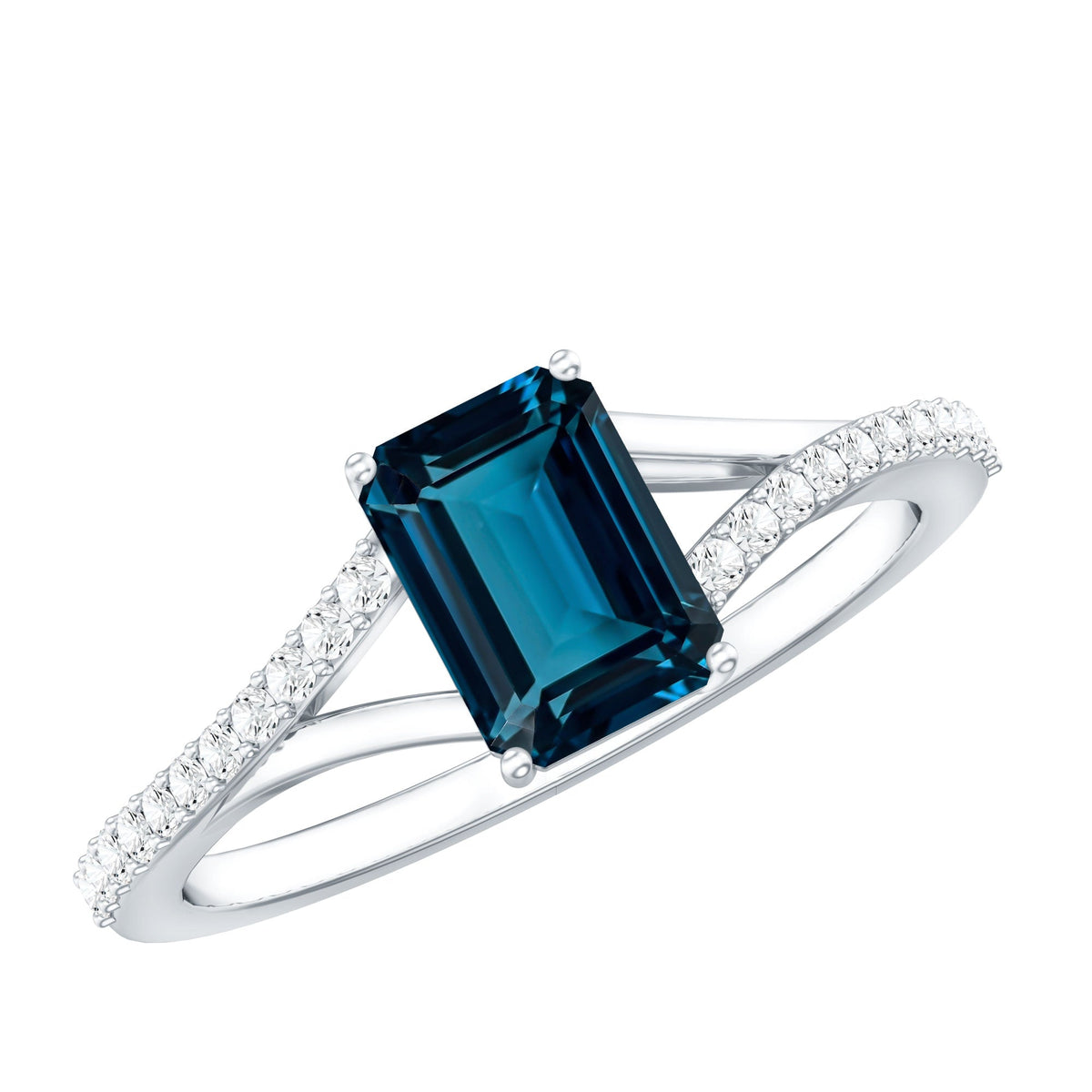 Anillo de compromiso con topacio azul de Londres de corte esmeralda de 2.2 quilates y diamante con vástago dividido