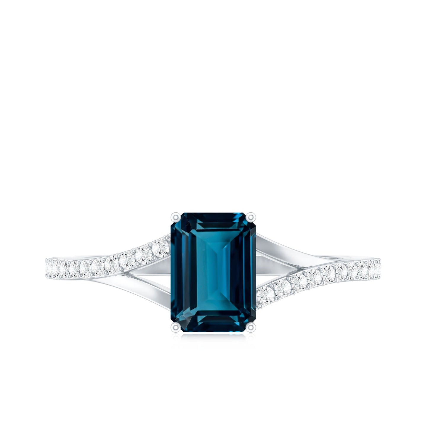 Anillo de compromiso con topacio azul de Londres de corte esmeralda de 2.2 quilates y diamante con vástago dividido