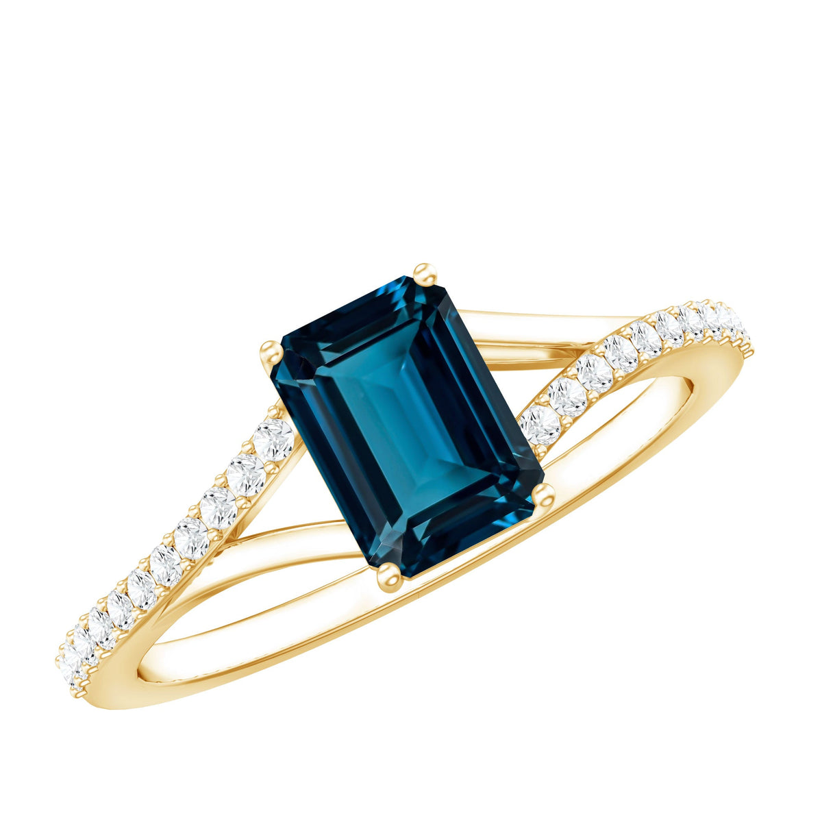 Anillo de compromiso con topacio azul de Londres de corte esmeralda de 2.2 quilates y diamante con vástago dividido