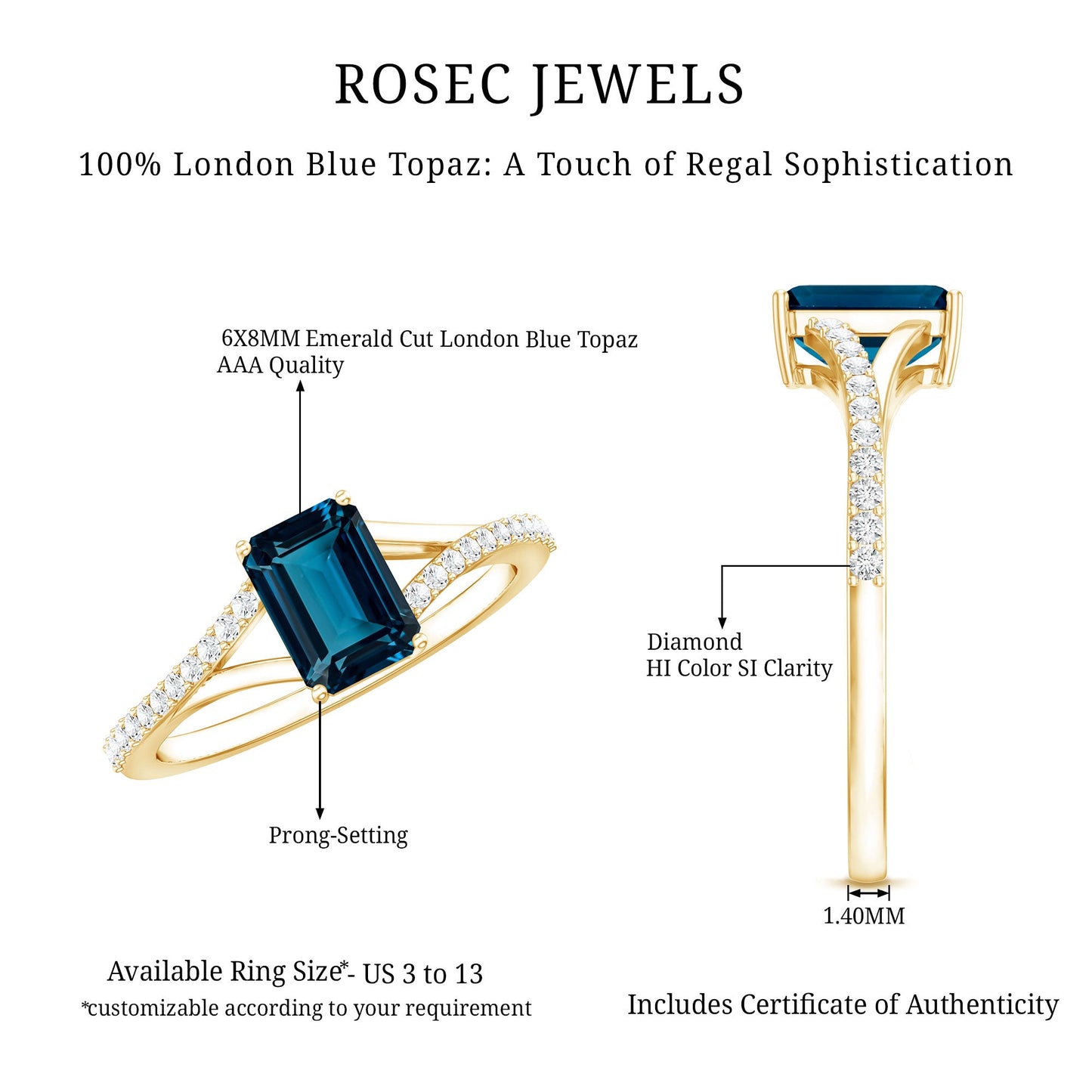 Anillo de compromiso con topacio azul de Londres de corte esmeralda de 2.2 quilates y diamante con vástago dividido
