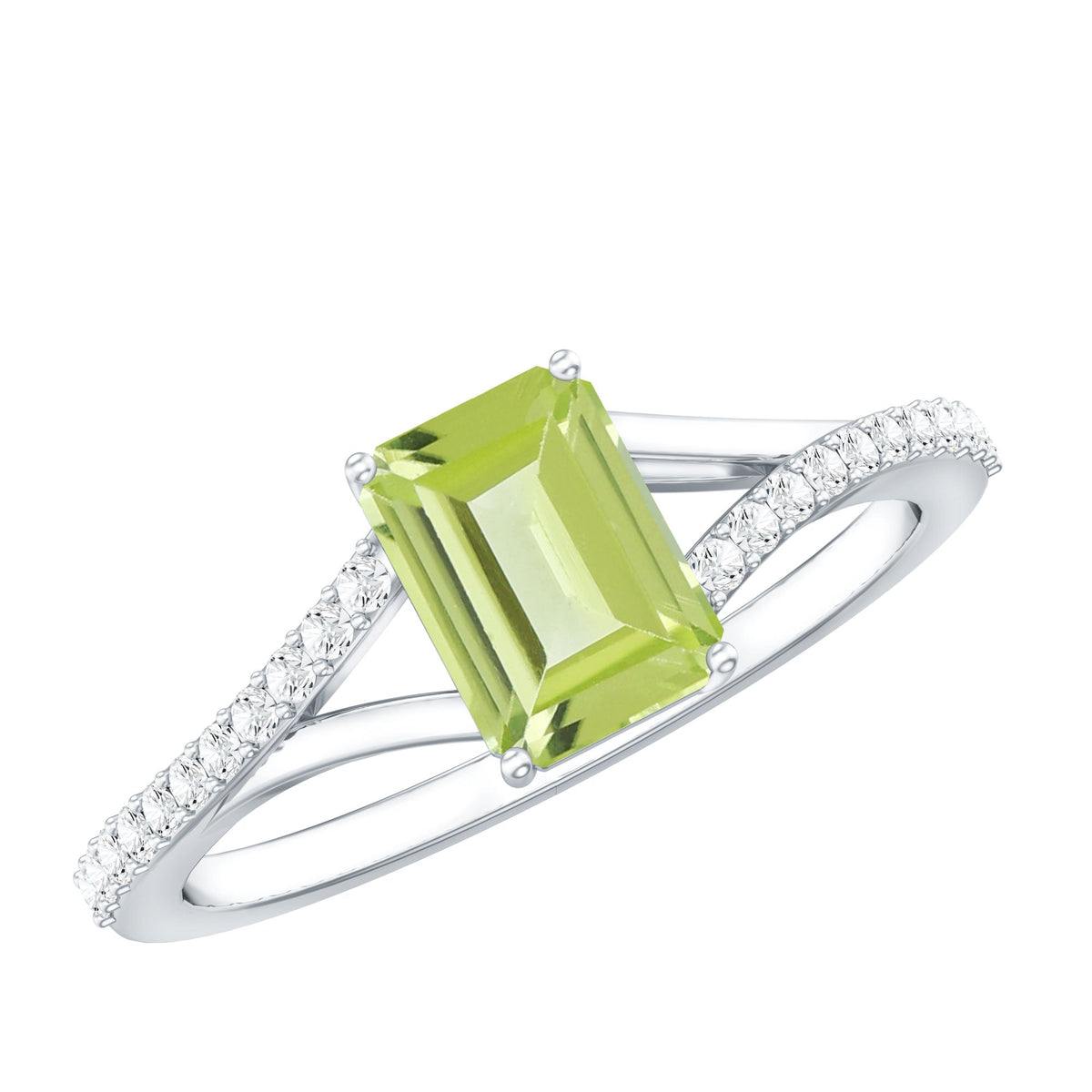 Anillo de compromiso de peridoto corte esmeralda de 1,8 quilates con brazo dividido de diamantes