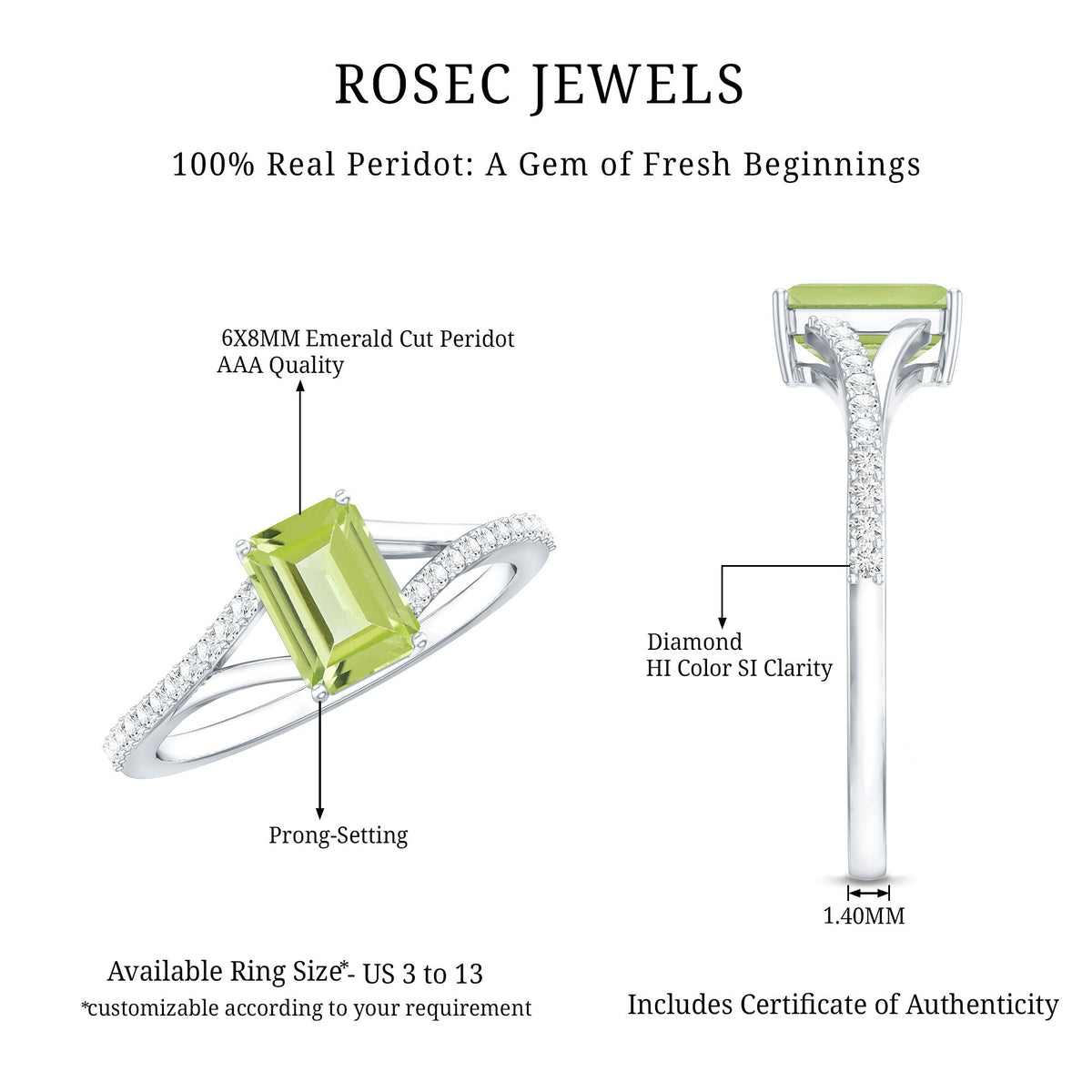 Anillo de compromiso de peridoto corte esmeralda de 1,8 quilates con brazo dividido de diamantes