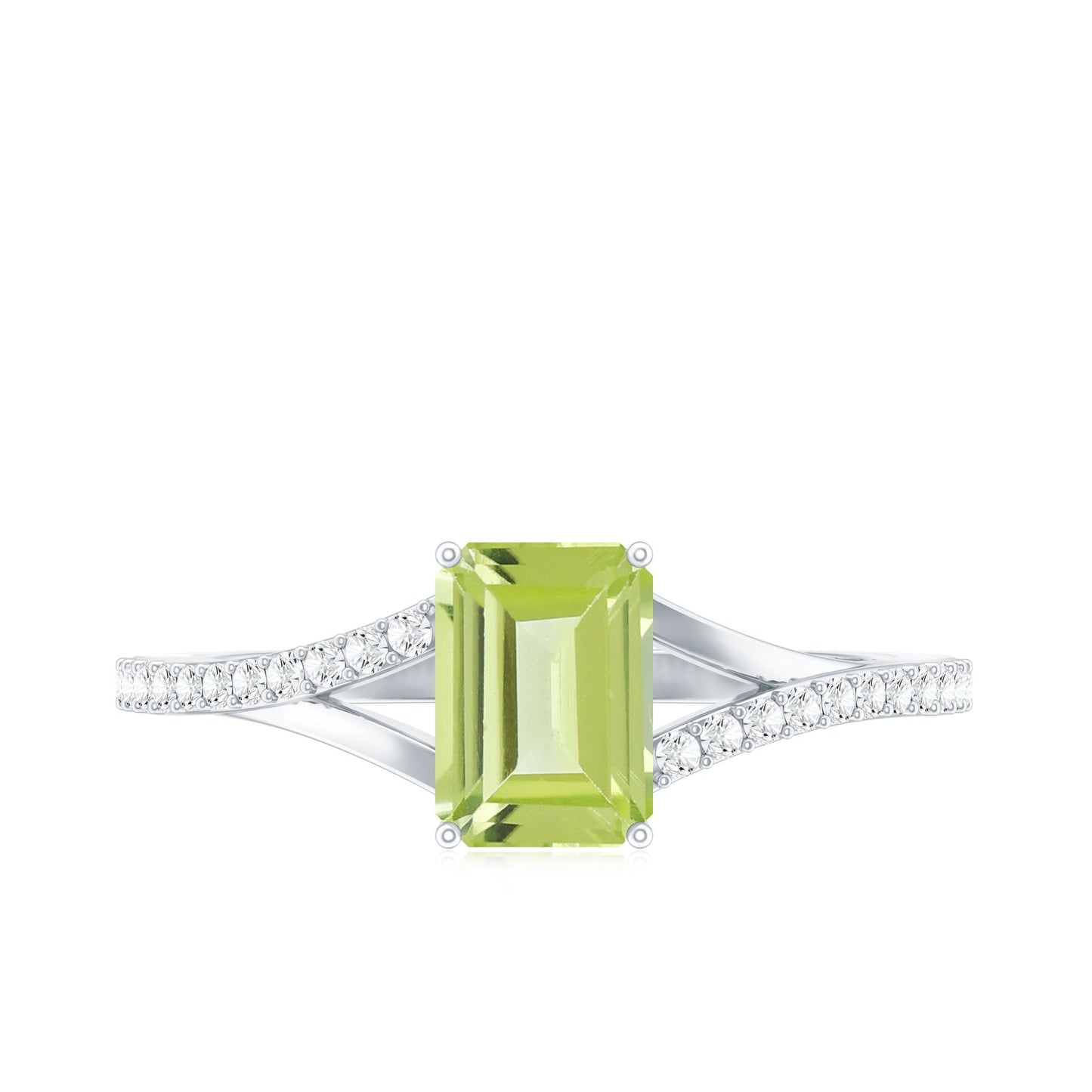 Anillo de compromiso de peridoto corte esmeralda de 1,8 quilates con brazo dividido de diamantes