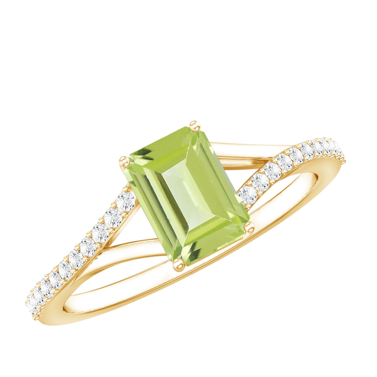 Anillo de compromiso de peridoto corte esmeralda de 1,8 quilates con brazo dividido de diamantes