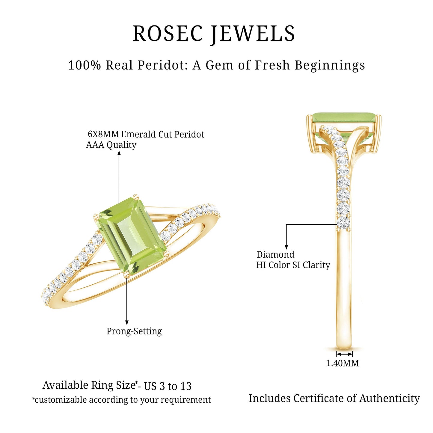 Anillo de compromiso de peridoto corte esmeralda de 1,8 quilates con brazo dividido de diamantes