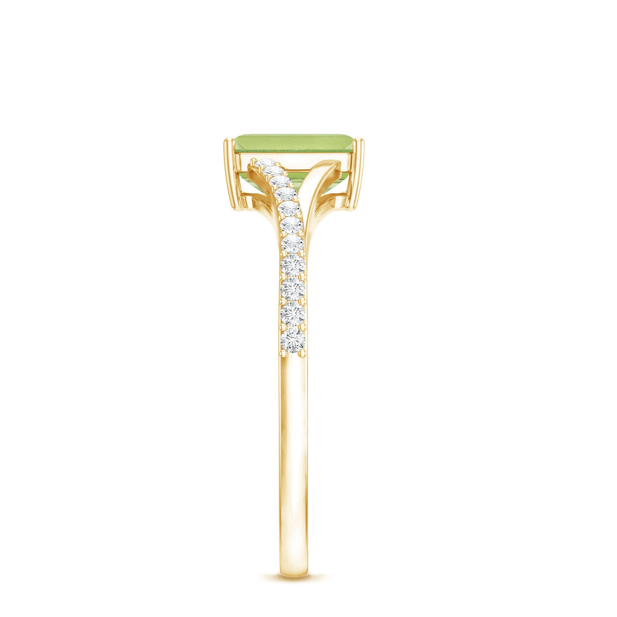 Anillo de compromiso de peridoto corte esmeralda de 1,8 quilates con brazo dividido de diamantes