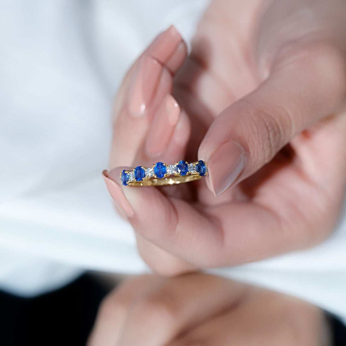 Natural Oval Blue Sapphire Diamond Half Eternity Ring for Women