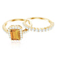Emerald Cut Citrine Halo Engagement Ring with Moissanite Wedding Band