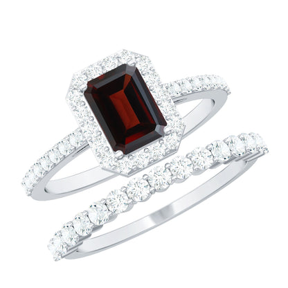 Auténtico Anillo de Boda de Granate y Moissanita de Corte Esmeralda de 2 Quilates, Juego de 2