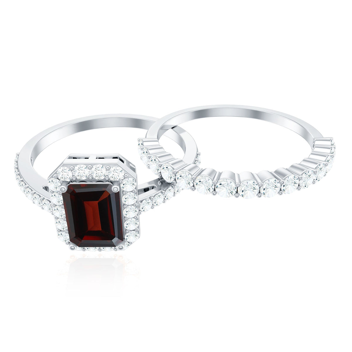 Auténtico Anillo de Boda de Granate y Moissanita de Corte Esmeralda de 2 Quilates, Juego de 2