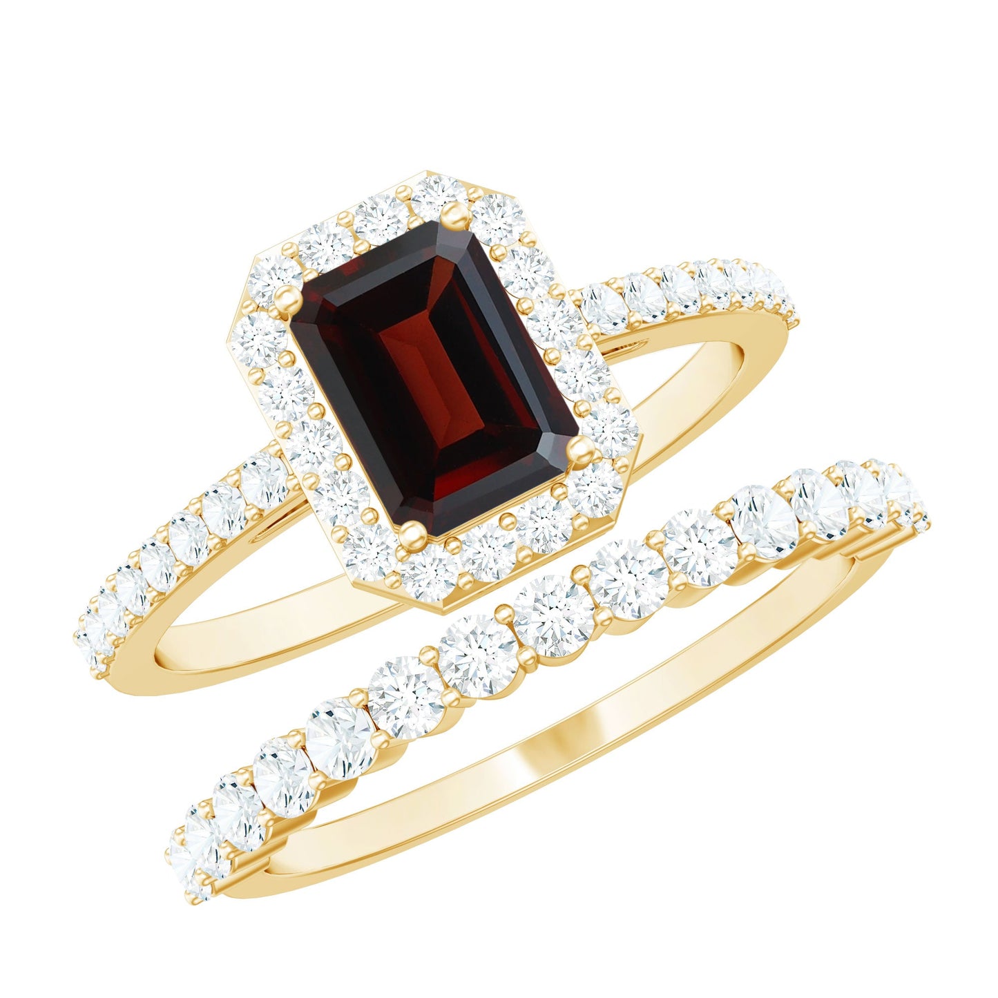 Auténtico Anillo de Boda de Granate y Moissanita de Corte Esmeralda de 2 Quilates, Juego de 2