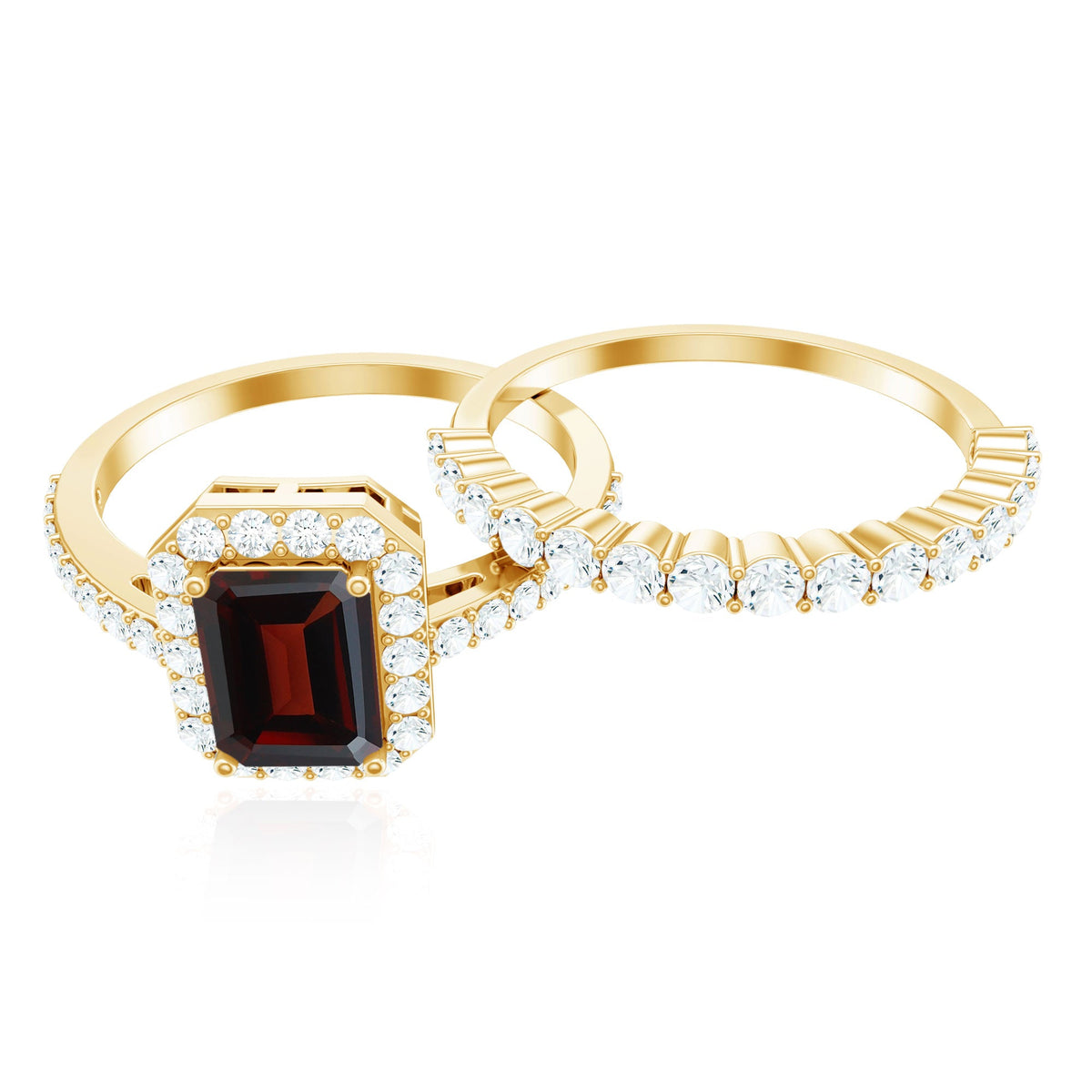 Auténtico Anillo de Boda de Granate y Moissanita de Corte Esmeralda de 2 Quilates, Juego de 2