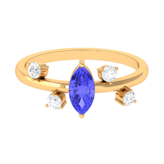 Anillo Solitario de Tanzanita Marquesa de 0,6 Quilates con Diamantes Dispersos
