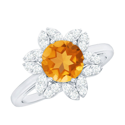 Natural Citrine Floral Engagement Ring with Diamond