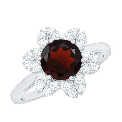Certified Natural 2.3 Carat Garnet Flower Engagement Ring with Diamond
