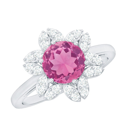 Round Pink Tourmaline Flower Engagement Ring with Diamond