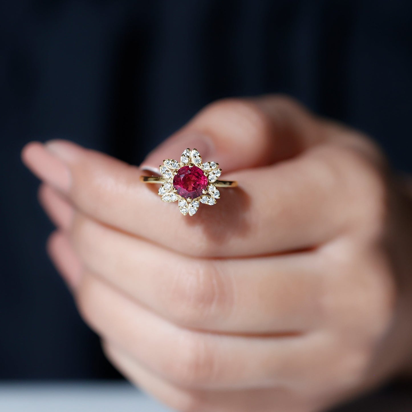 Round Pink Tourmaline Flower Engagement Ring with Diamond