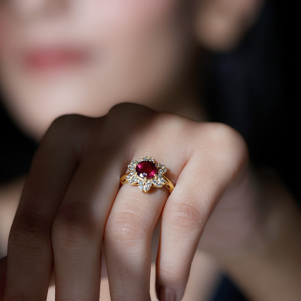 Round Pink Tourmaline Flower Engagement Ring with Diamond