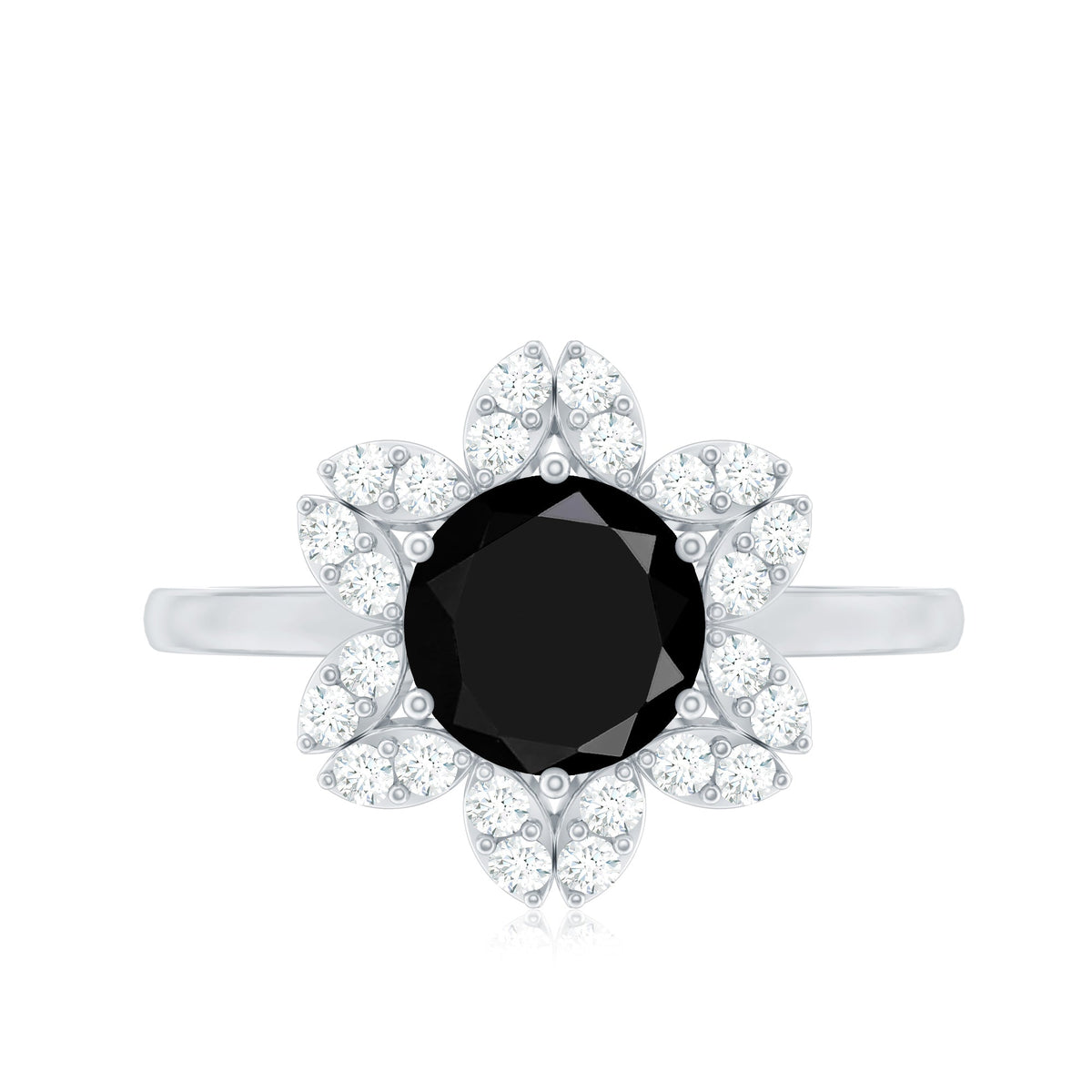 Natural 2.6 Carat Black Spinel Flower Engagement Ring with Diamond