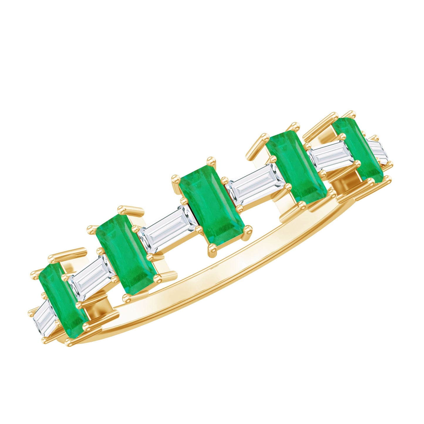 Anillo de media eternidad de esmeralda baguette auténtica con moissanita