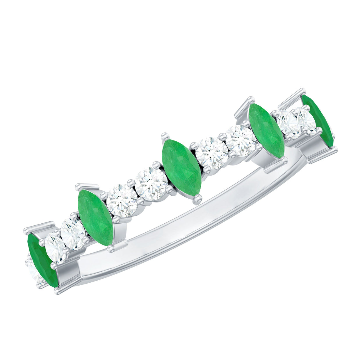 Anillo de aniversario de media eternidad con diamante y esmeralda marquesa natural con certificado