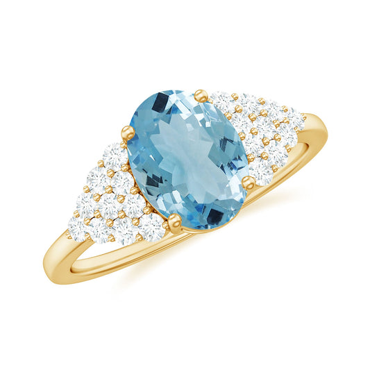 Anillo de compromiso solitario de aguamarina ovalada de 1 quilate con grupo de diamantes