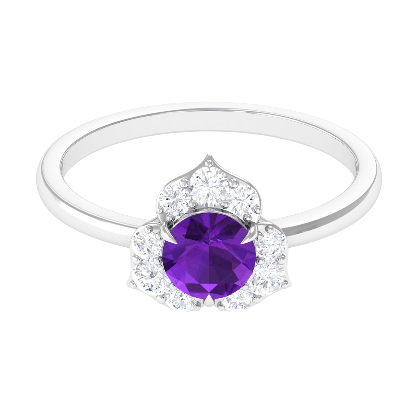 Anillo de compromiso de amatista natural en forma de flor con diamante