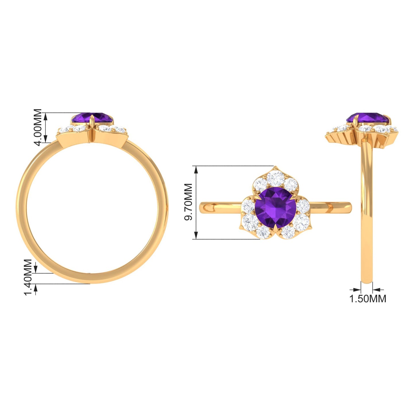 Anillo de compromiso de amatista natural en forma de flor con diamante
