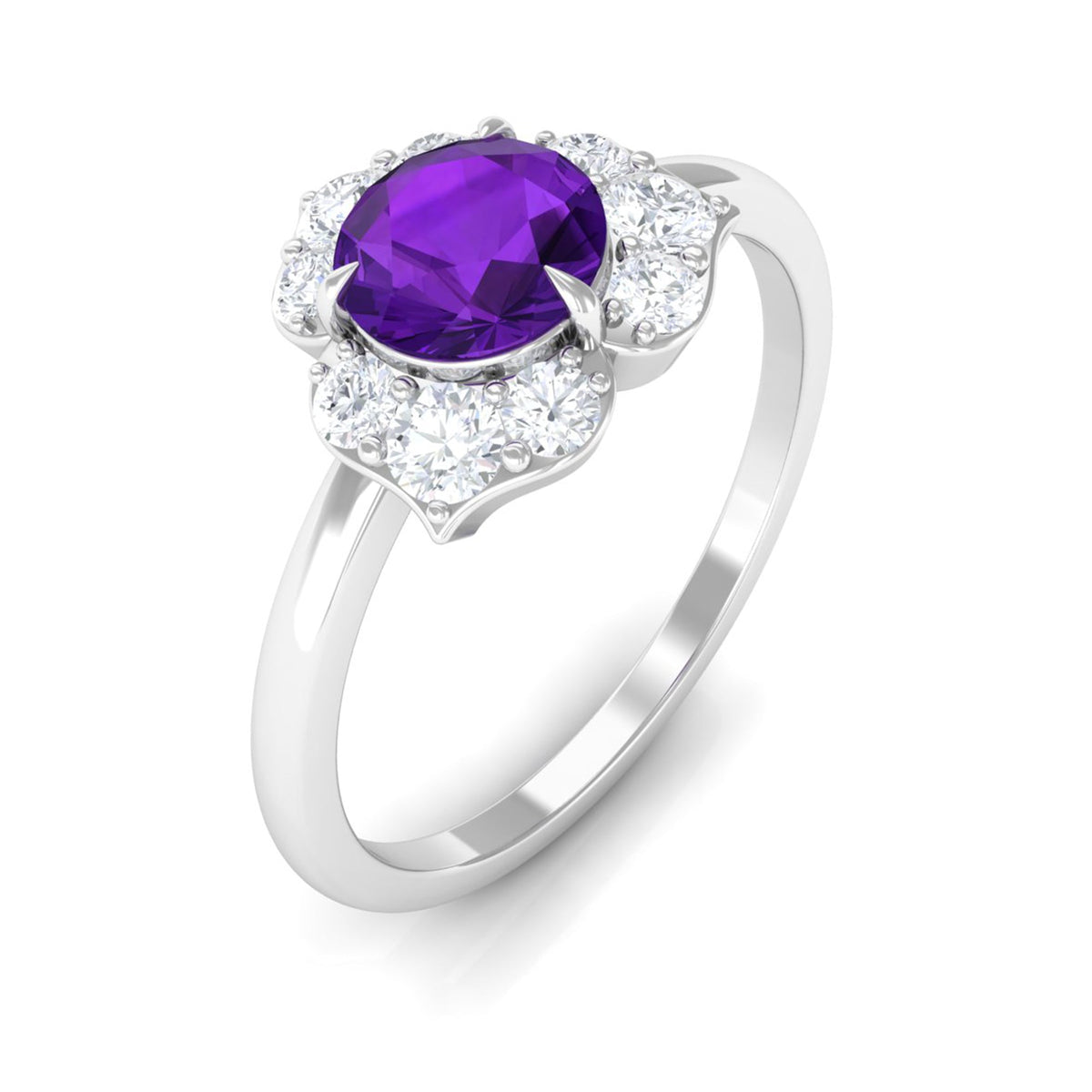 Anillo de compromiso de amatista natural en forma de flor con diamante