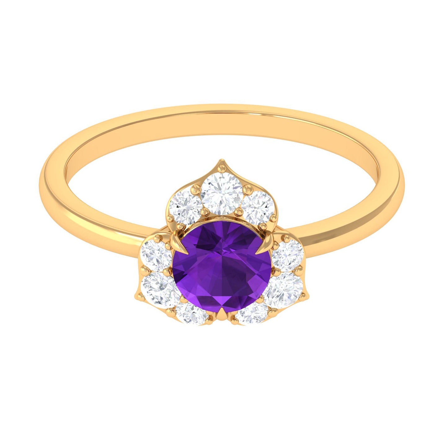 Anillo de compromiso de amatista natural en forma de flor con diamante
