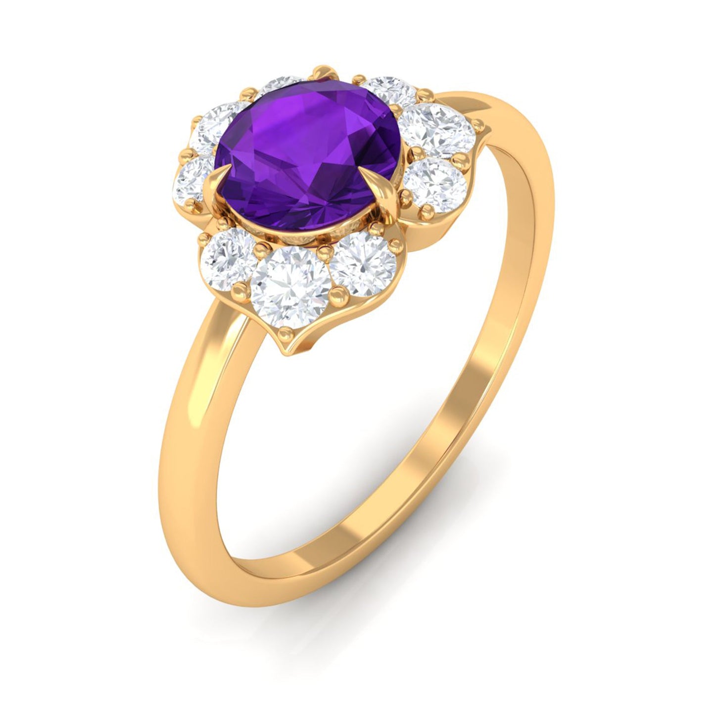 Anillo de compromiso de amatista natural en forma de flor con diamante