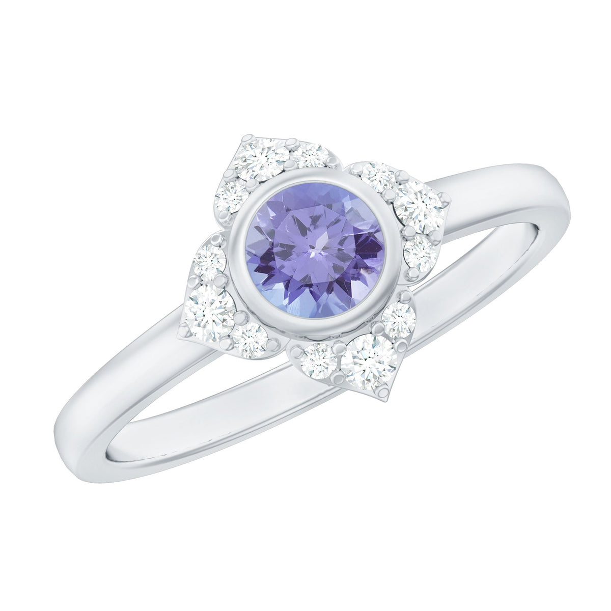 Anillo de compromiso con flor de tanzanita auténtica certificada y diamante