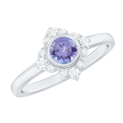 Anillo de compromiso con flor de tanzanita auténtica certificada y diamante