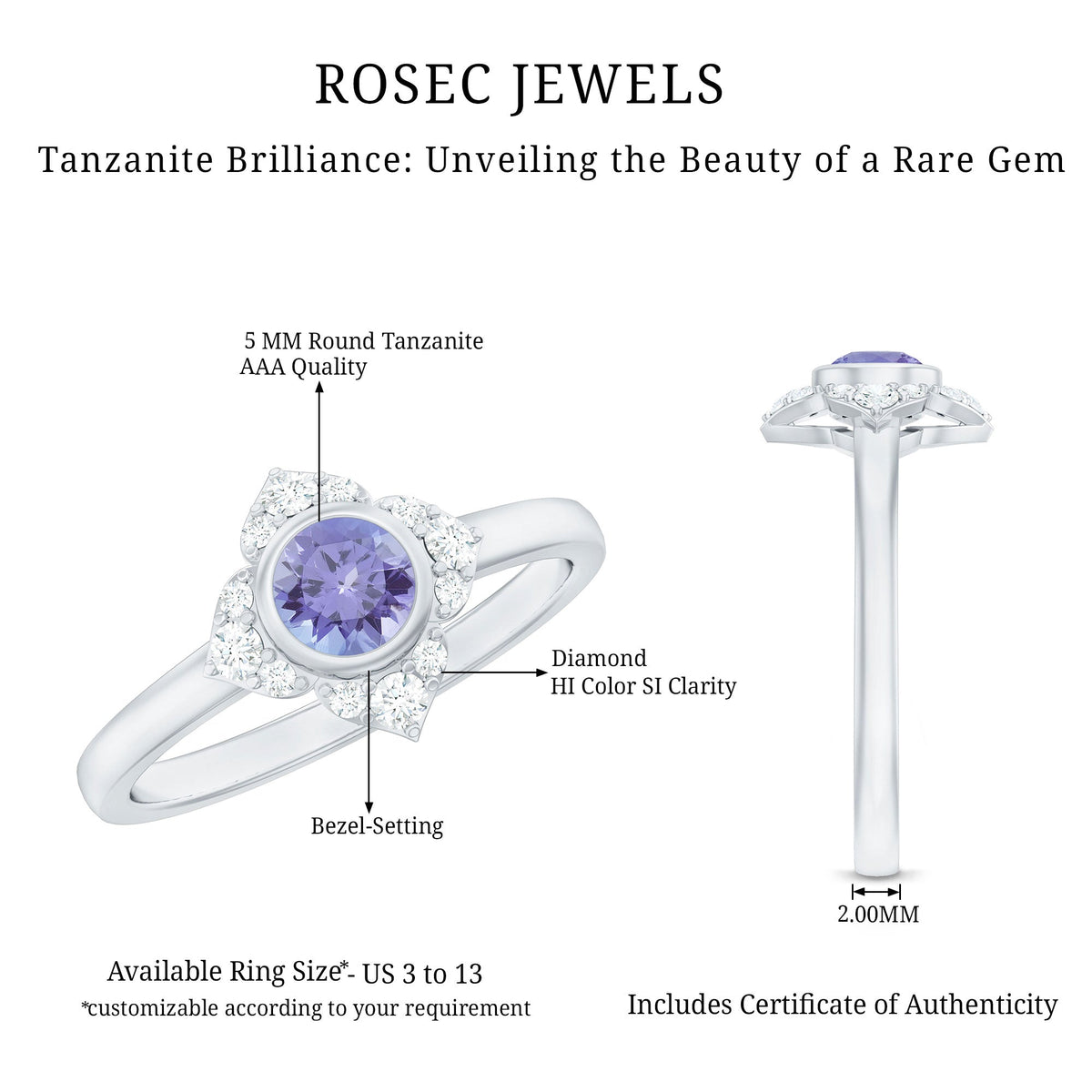 Anillo de compromiso con flor de tanzanita auténtica certificada y diamante