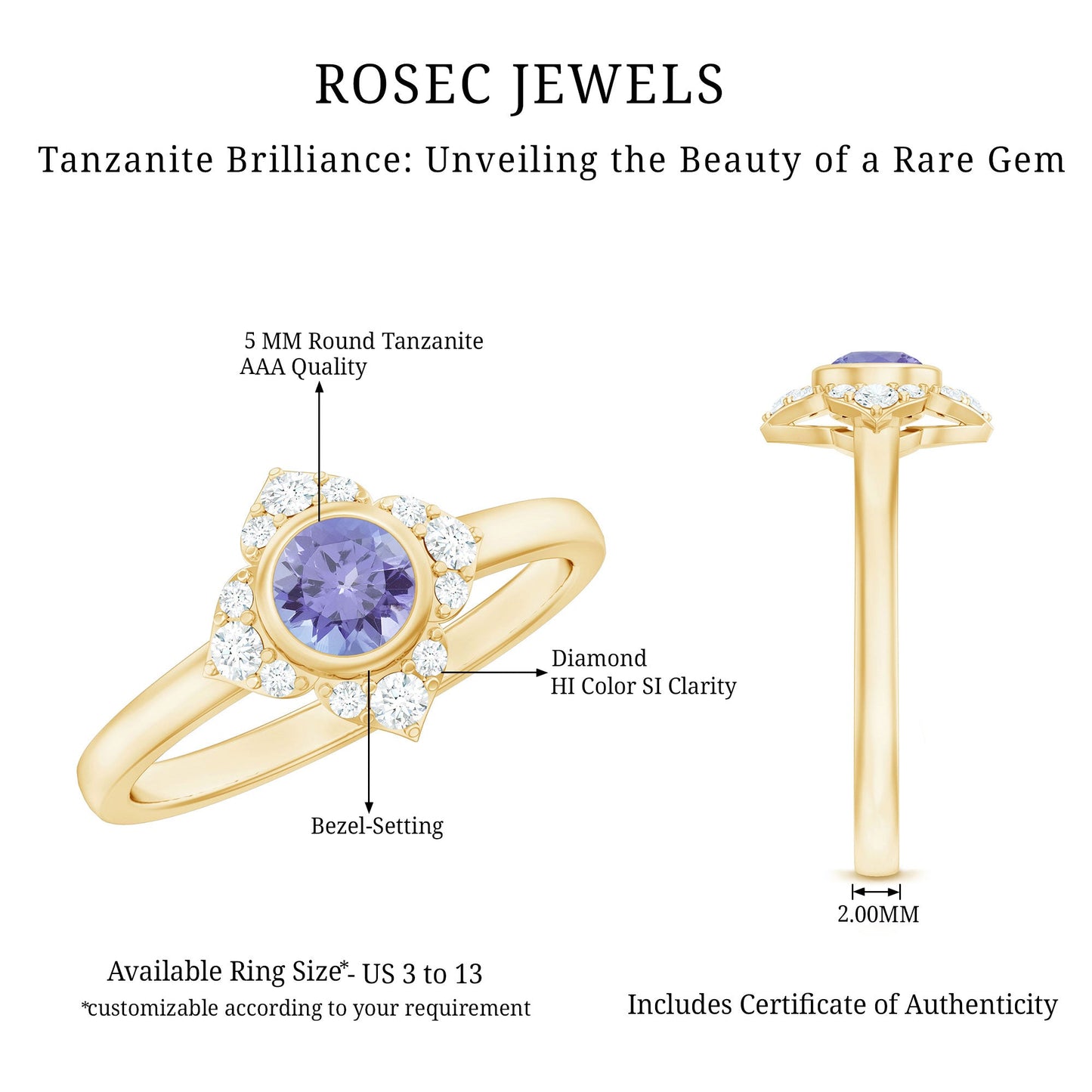 Anillo de compromiso con flor de tanzanita auténtica certificada y diamante