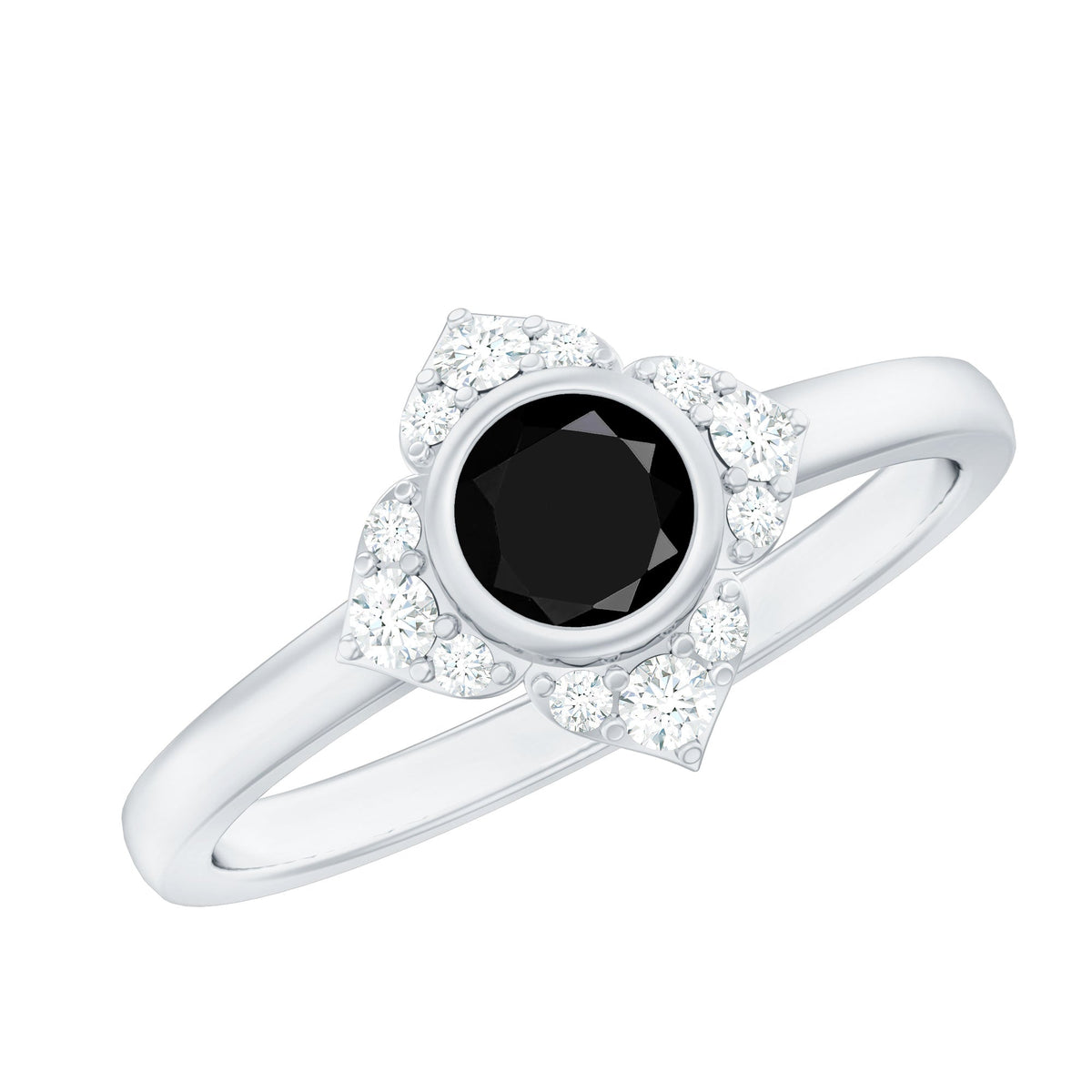 Anillo de compromiso de flor con espinela negra engastada en bisel con diamantes