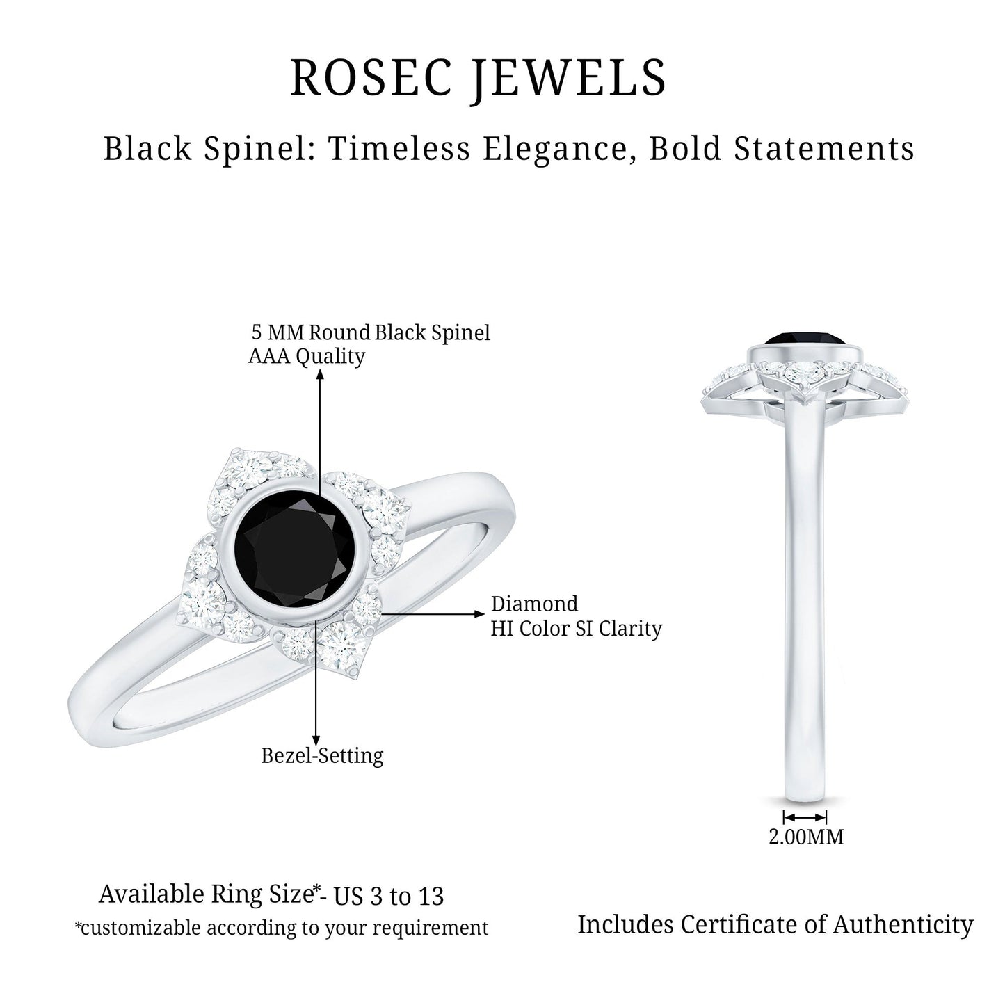 Anillo de compromiso de flor con espinela negra engastada en bisel con diamantes