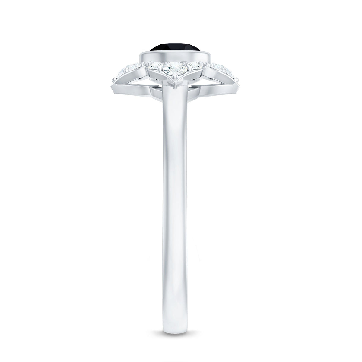 Anillo de compromiso de flor con espinela negra engastada en bisel con diamantes