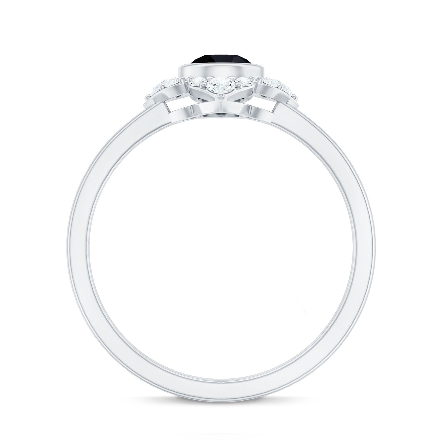 Anillo de compromiso de flor con espinela negra engastada en bisel con diamantes