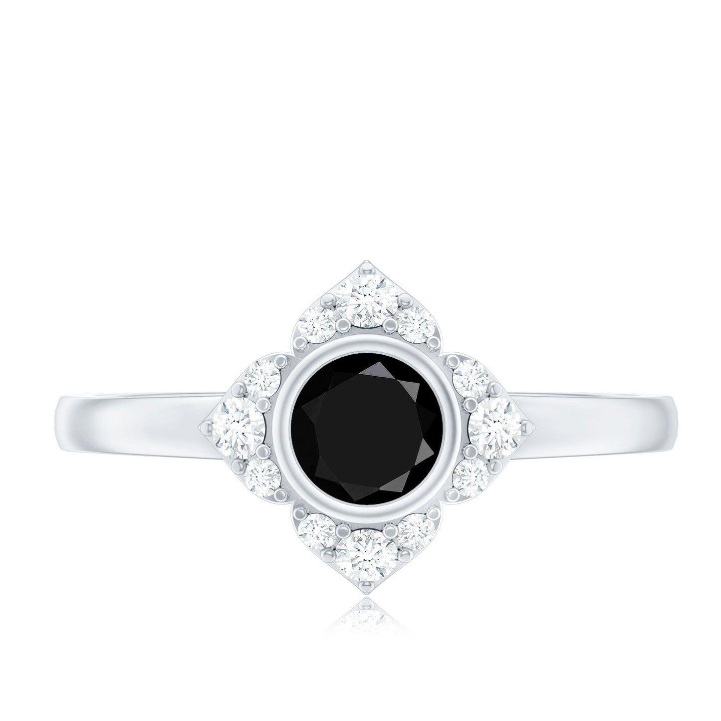 Anillo de compromiso de flor con espinela negra engastada en bisel con diamantes