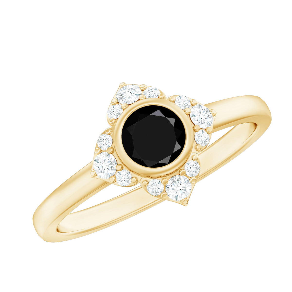 Anillo de compromiso de flor con espinela negra engastada en bisel con diamantes