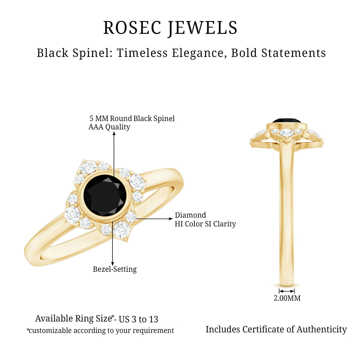 Anillo de compromiso de flor con espinela negra engastada en bisel con diamantes