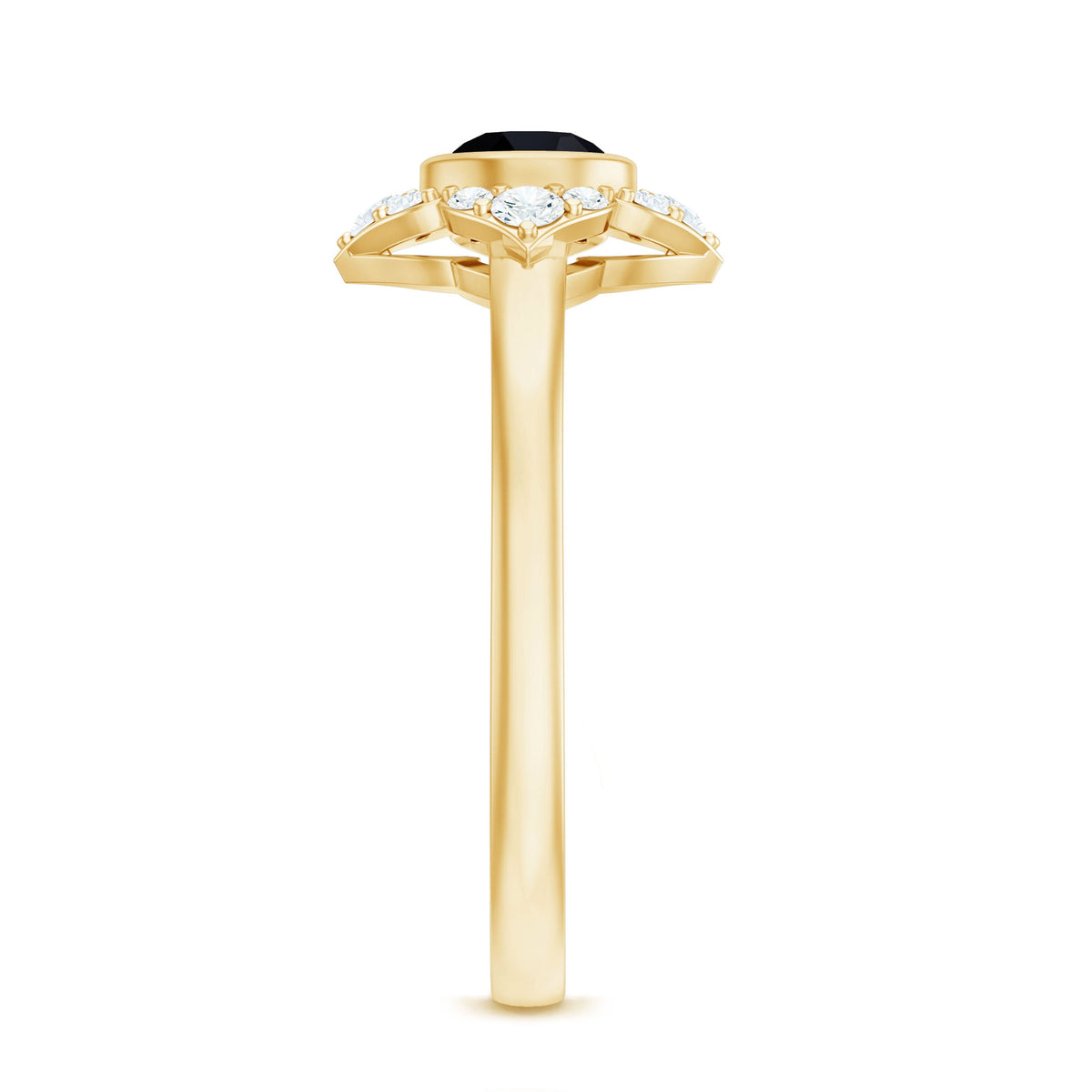Anillo de compromiso de flor con espinela negra engastada en bisel con diamantes