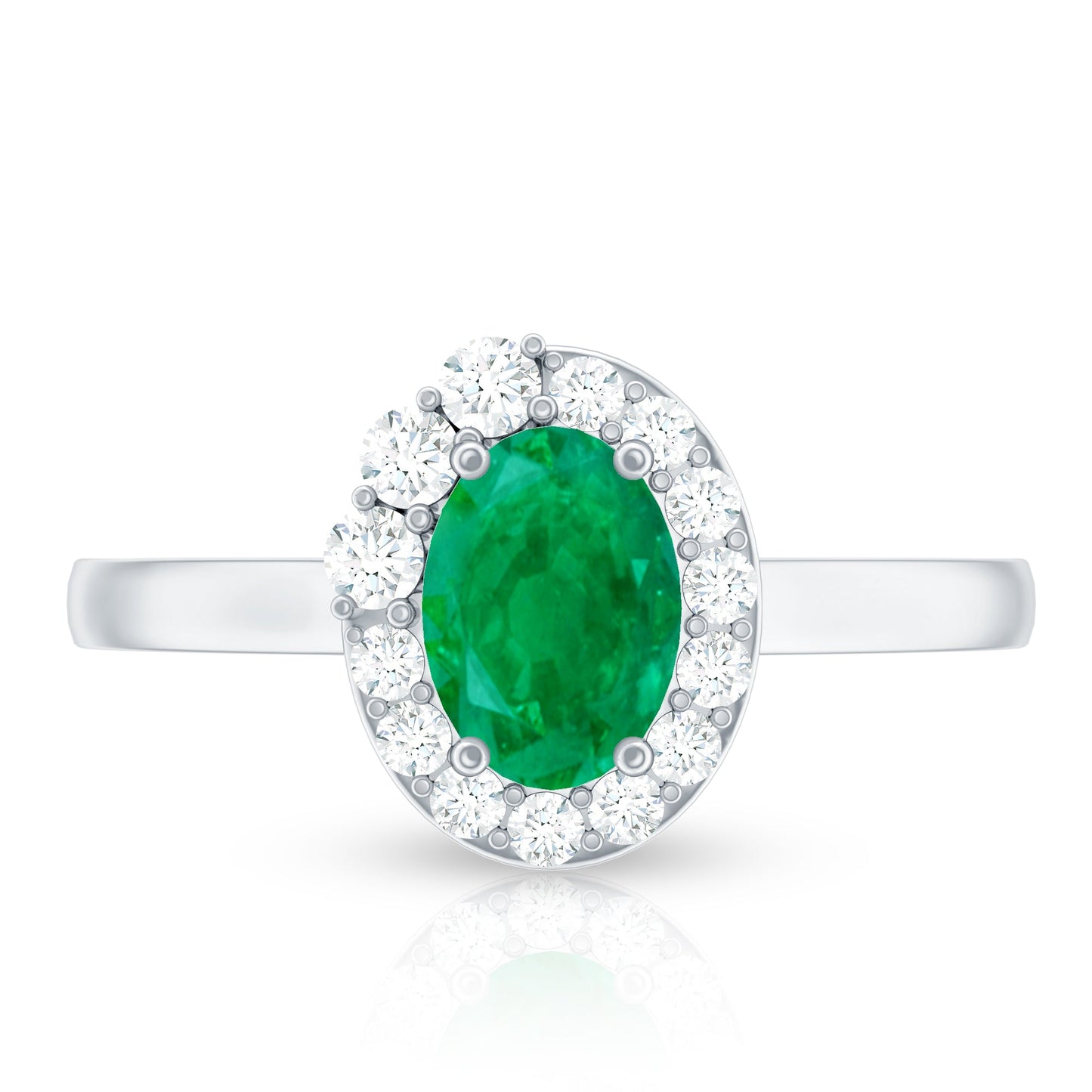 Anillo de compromiso ovalado de esmeralda natural con halo de diamantes
