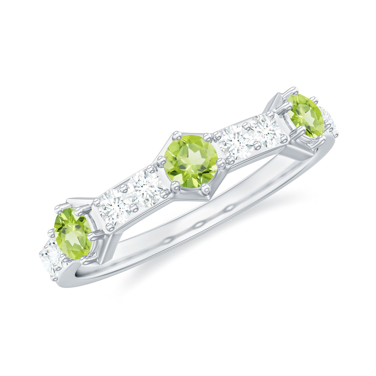 Anillo de media eternidad de peridoto natural y diamantes para aniversario