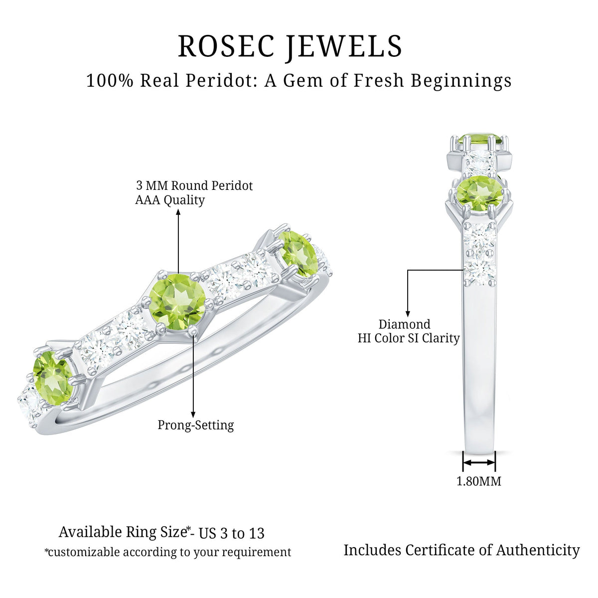 Anillo de media eternidad de peridoto natural y diamantes para aniversario