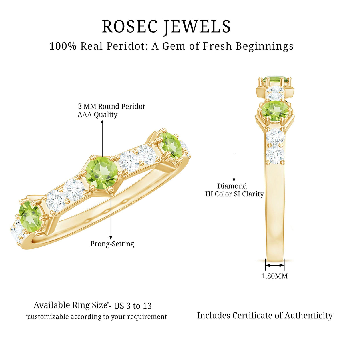 Anillo de media eternidad de peridoto natural y diamantes para aniversario