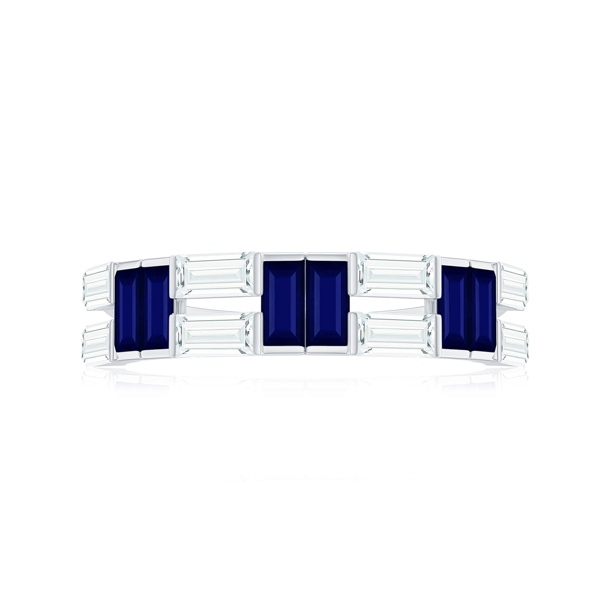 Certified Real Baguette Blue Sapphire Half Eternity Band Ring with Moissanite