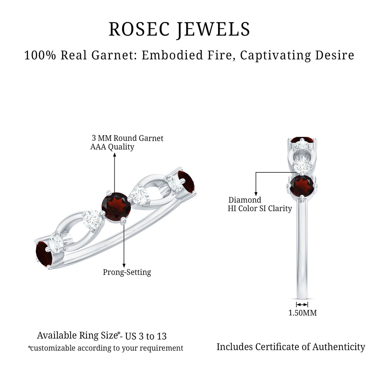 Anillo de media eternidad de granate rojo natural y diamantes para aniversario